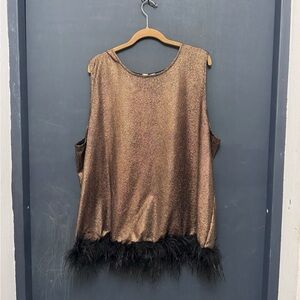 Elegant Gold Sleeveless Top with Feather Trim NWT